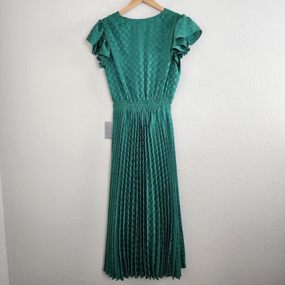 Max Studio Jade Green Pleated Satin Polka Dot Midi Dress NWT Flutter Sleeve Sm - Picture 12 of 12